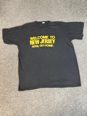 Vintage 70s Welcome To New Jersey Shirt Mens Large Black Now Go Home Made In USA